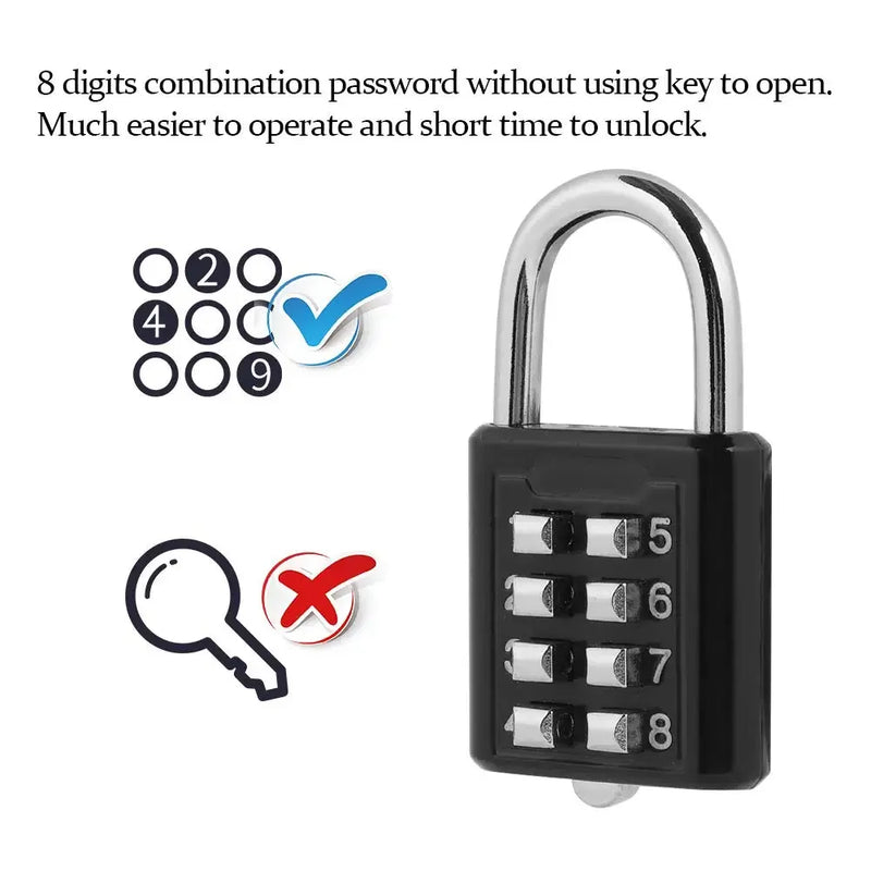 8 Digits Password Code Outdoor Waterproof Combination Padlock Zinc Alloy Suitcase For Luggage Travel Smart Lock Keyed Anti-thief